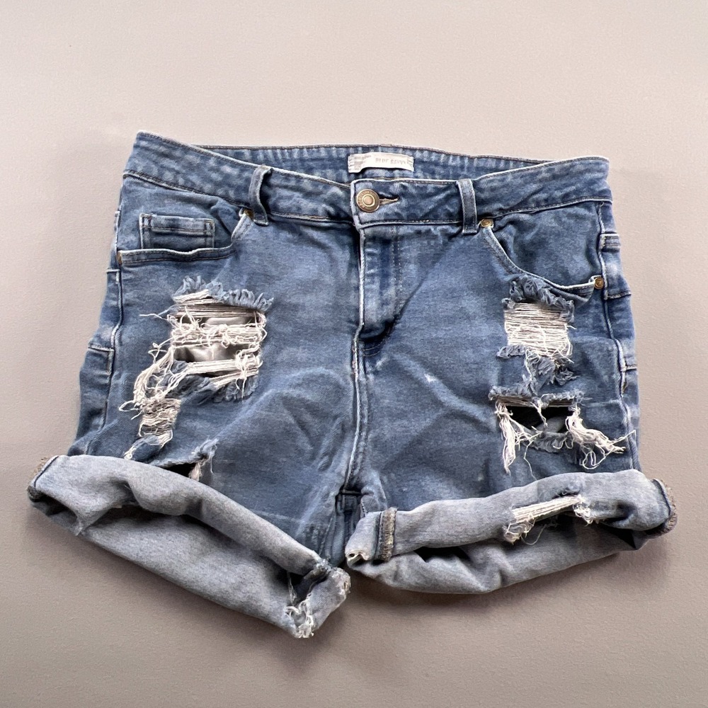Blue Savvy Denim Cuffed Shorts Womens 16 Blue Cotton Stretch Mid Rise Distressed